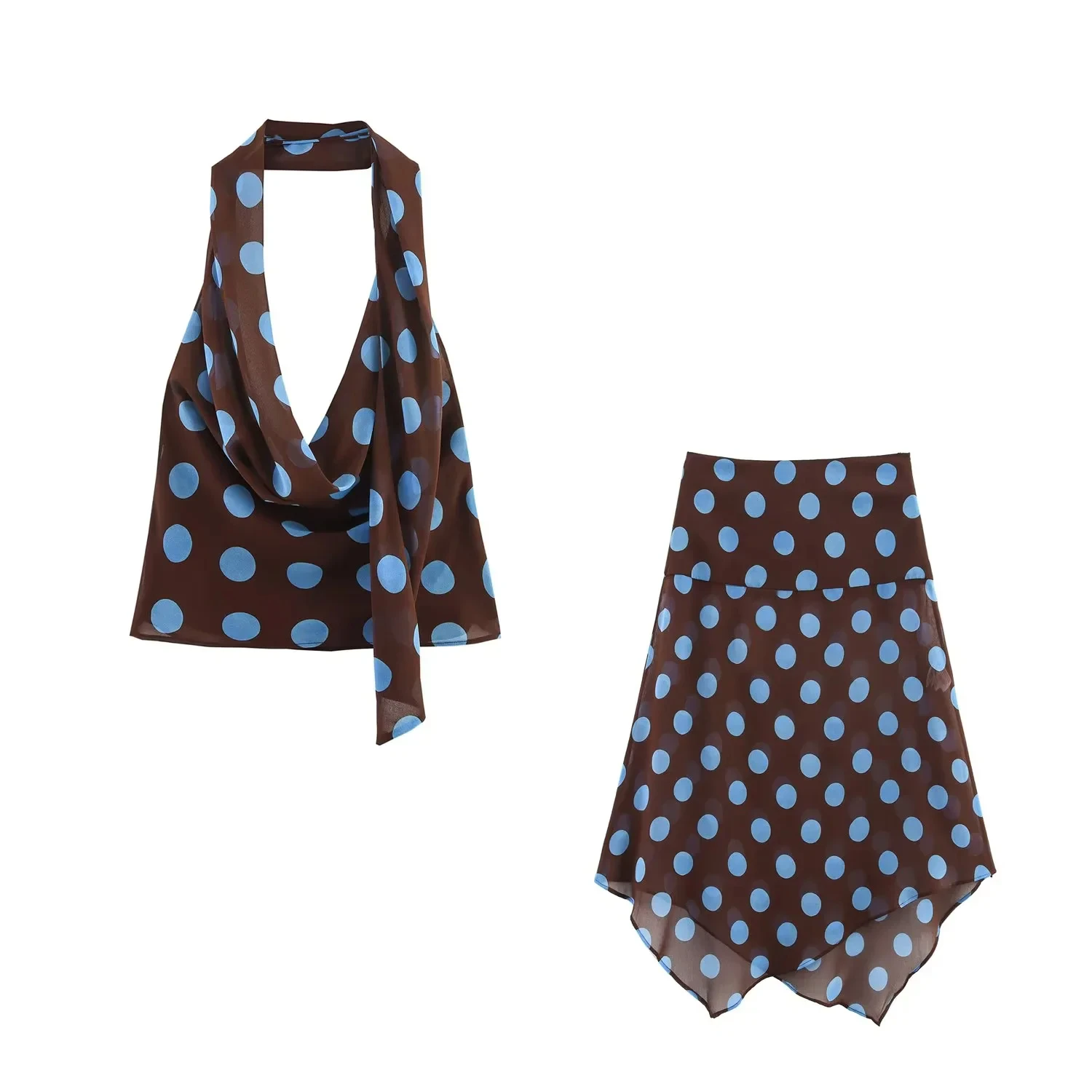 Polka Dot Printed Midi Skirts Two Piece Sets for Women 2025 Summer Chic Scarf Halter Top Suits Beach Woman 2 Piece Outfits   3.
