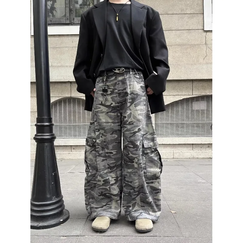 

Американские камуфляжные брюки спецодежды с несколькими карманами в стиле ретро, модный мужской бренд, широкий изогнутый нож в стиле High Street Chic