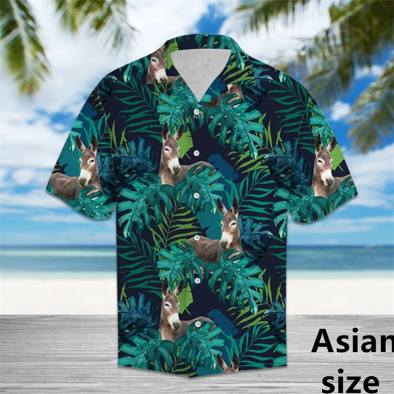 Impressão 3d engraçado burro camisas havaianas para roupas masculinas verão fazenda animal botão lapela camisa casual streetwear unisex blusa topos