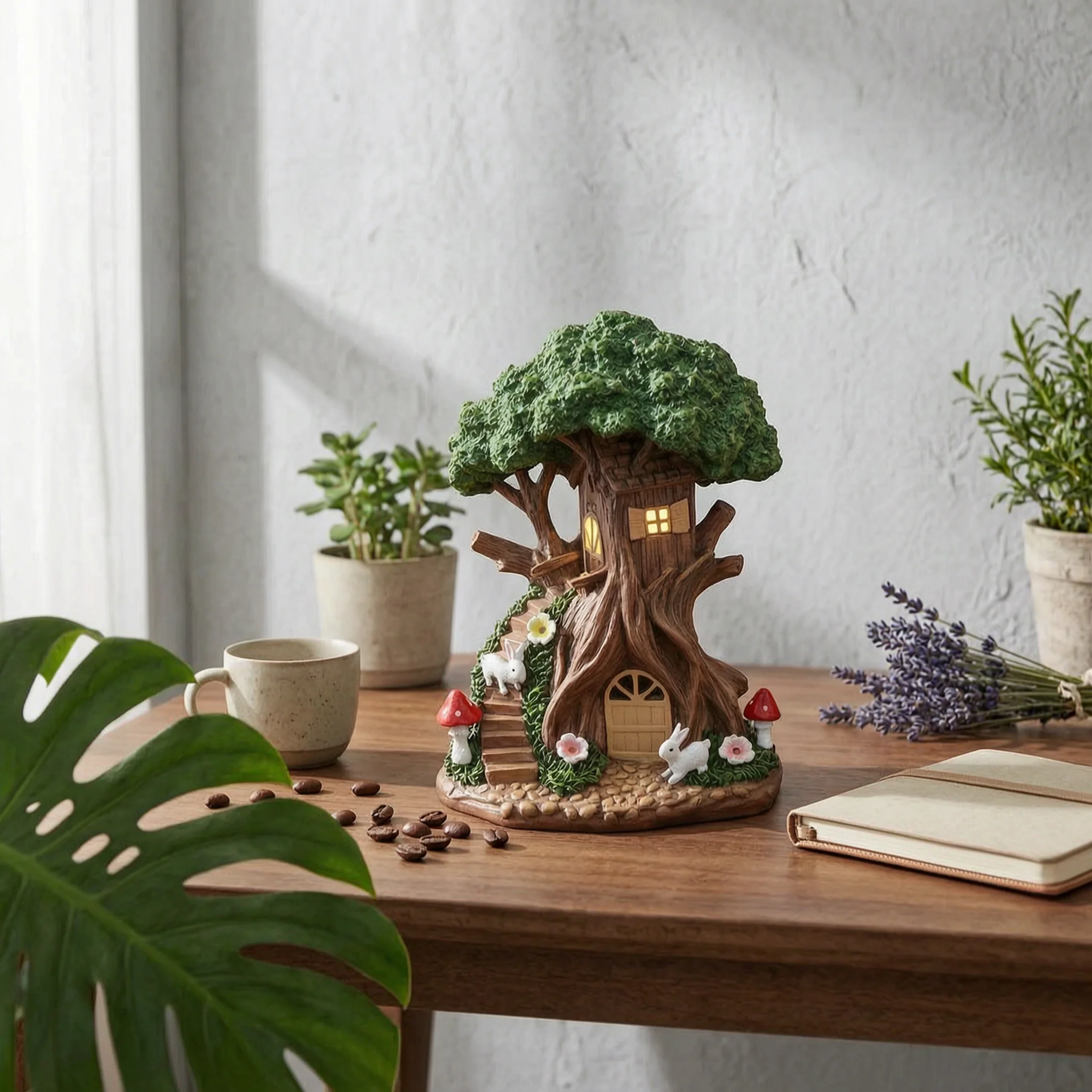 Solar Rabbit Garden Statue Resin Solar Tree House Treehouse Figurine Leafy Canopy Miniature Ornament Decorative