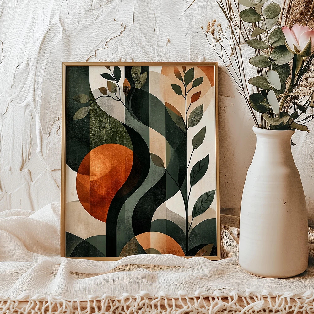 Wall Art Botanical, Mid Century Modern Nature-Inspired, Abstract Botanical Print, Boho Geometric Plant Decor, No Framed