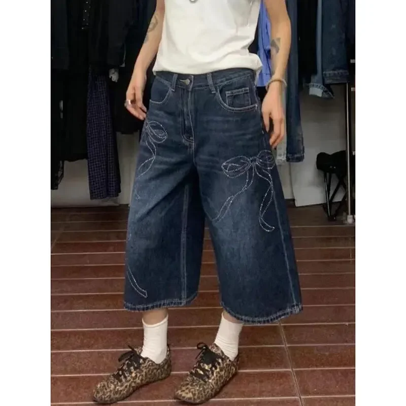 

Women Streetwear Vintage Rhinestone Y2K Baggy Jeans Female High Waist 2000s Denim Trousers Grunge Casual Washed Pants