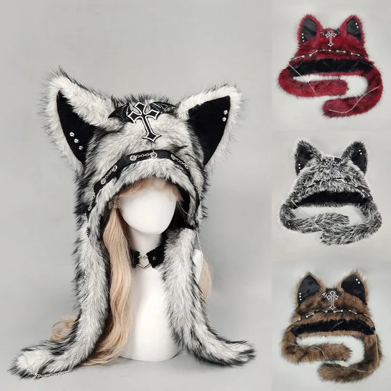 Y2K Dark Series Gothic Plush Winter Hat Spicy Girl Cat Ear Hat Punk Rock Cross Warm Hat Cosplay Outdoor Performance Unisex