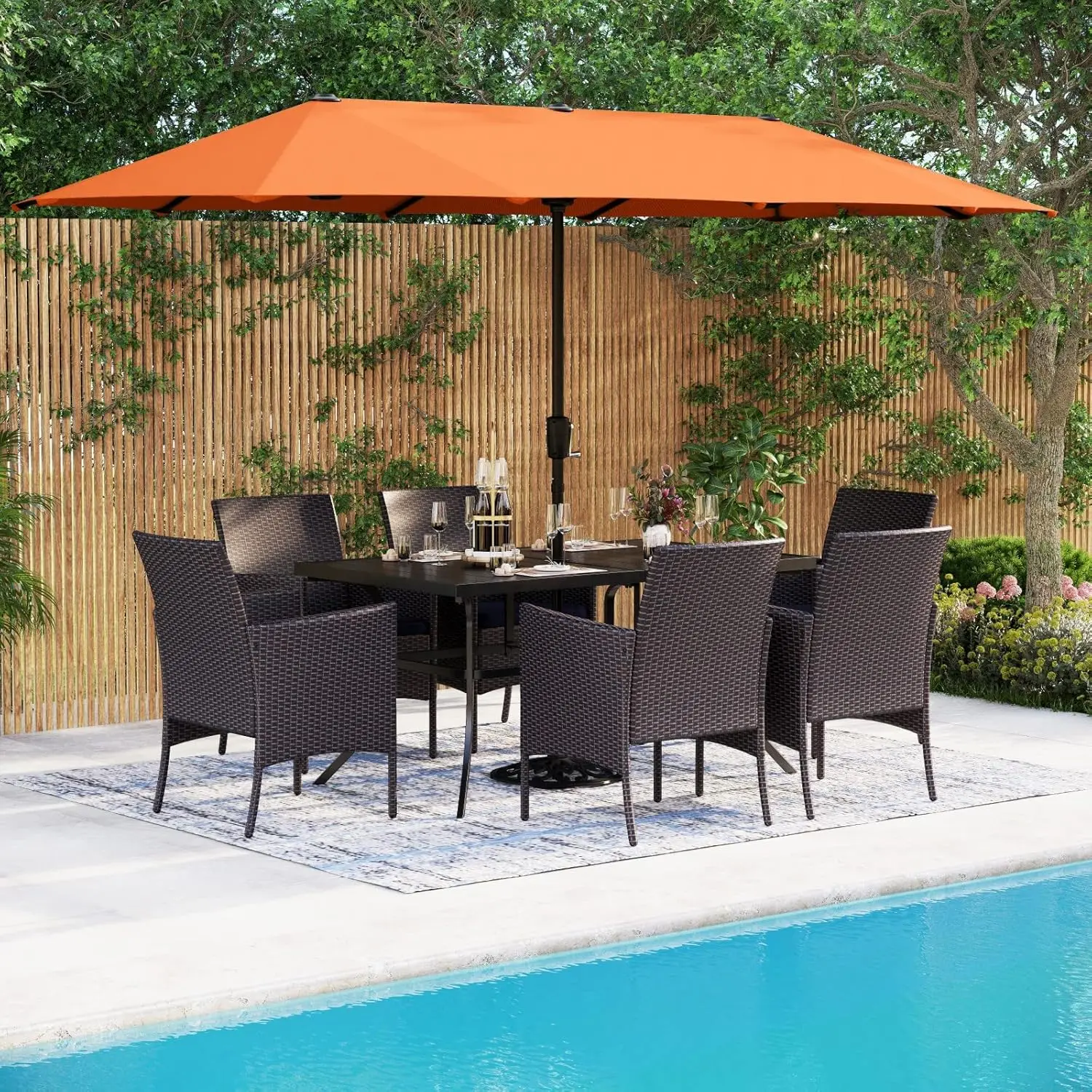 8 Pieces Outdoor Patio Dining Set for 4 with Umbrella, Outdoor Patio Wicker & Metal Dining Furniture Set with 13ft Umbrella