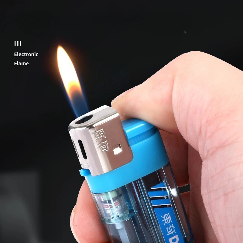 Cool Windproof Transparent Butane Torch Lighter Wholesale Five-Color Grinding Wheel Inflatable Lighter Supermarket Shopping Mall