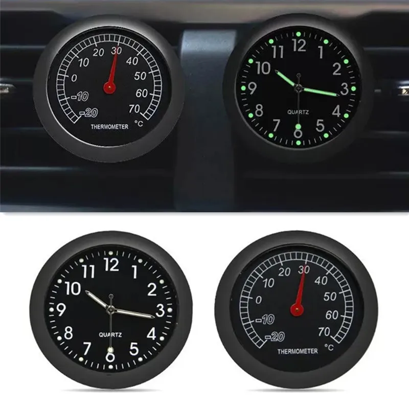 Car Dashboard Panel Luminous Clocks + Thermometer 2 In 1 Kit Vehicle Air Outlet Mini Watches Motorbike Bicycle Temperature Meter