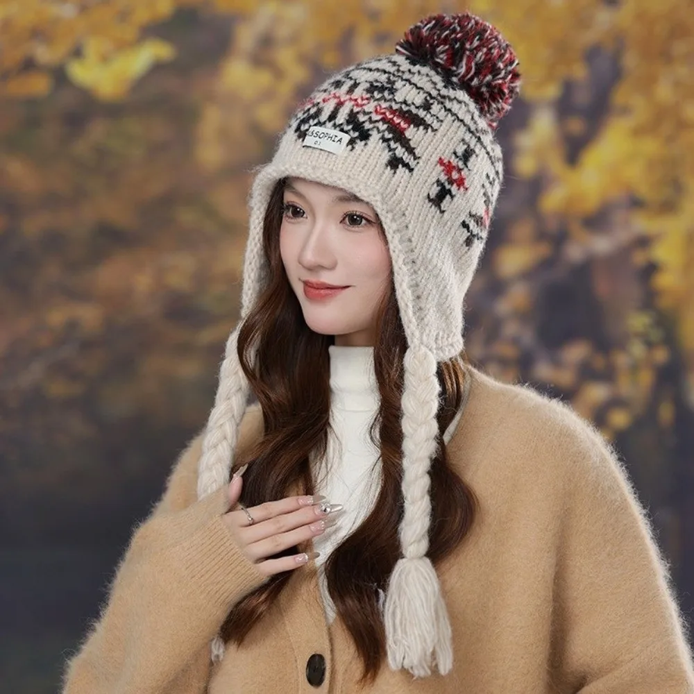 

Casual Jacquard Knitted Beanies Caps Weave Y2k Ear Protection Cap Twists Braid Ethnic Style Women Wool Cap Autumn Winter