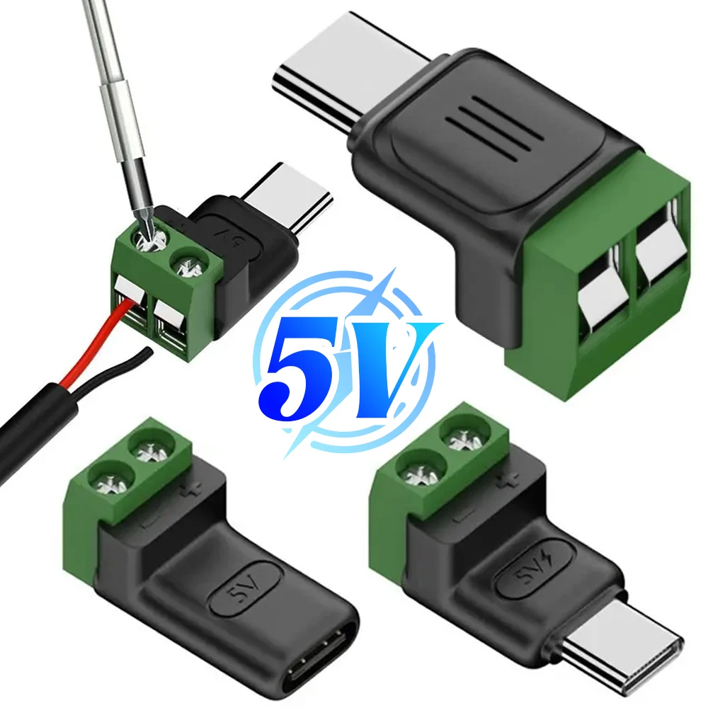 Solderless Plug USB C to 2Pin Terminal Adapter Screw Micro Type-C Male to 2 Pin Crimp Terminal Block 5V Charging Conversion