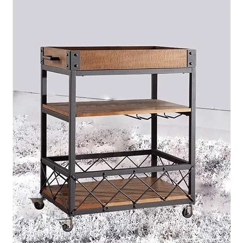 American retro solid wood mobile dining cart trolley rack kitchen living room storage rack hotel wine trolley