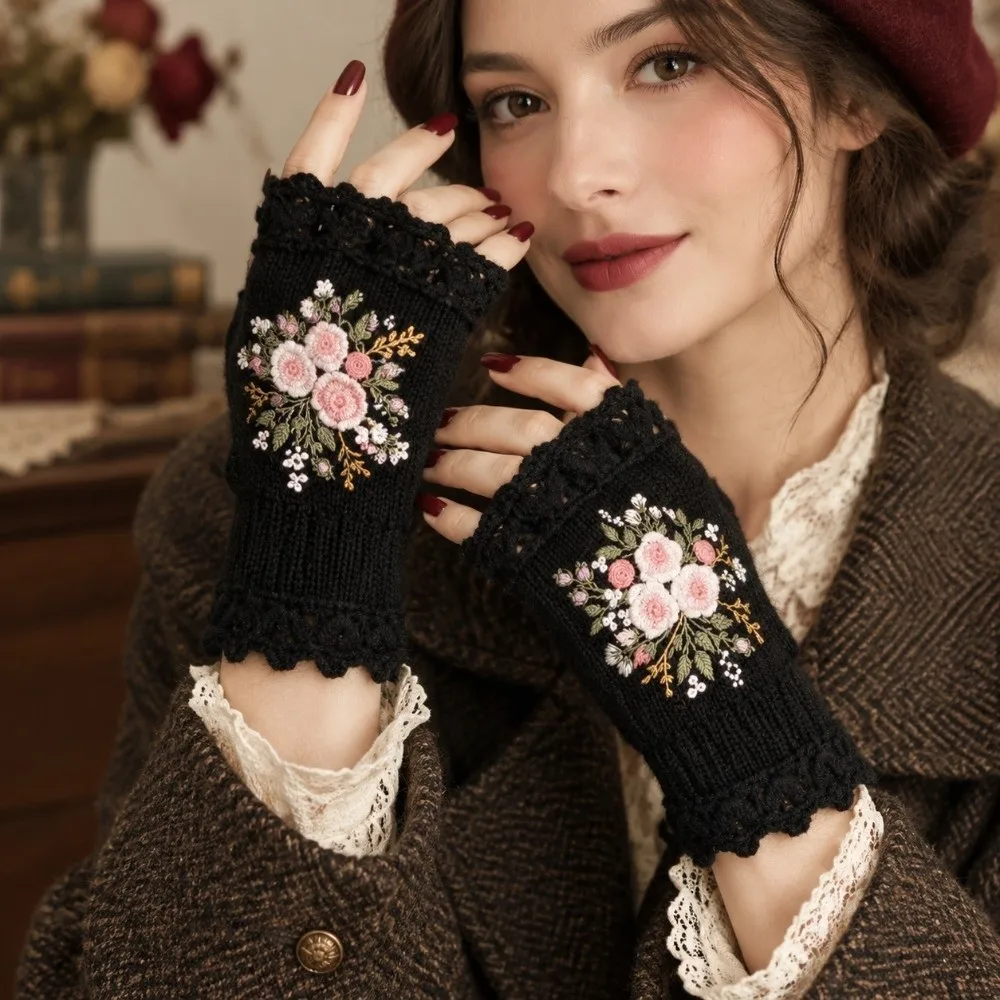 Vintage Embroidery Knitted Gloves Embroidered Floral Half Finger Fingerless Gloves Touch Screen Warm Crochet Flower Mittens