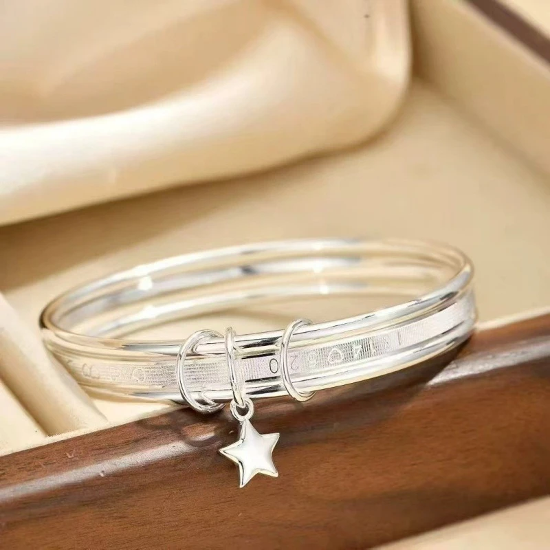 OUYADI 999 Sterling Silver Multi-layer Bangle for Women, Star Charm Engraved Triple Loop Bracelet Jewelry Gift