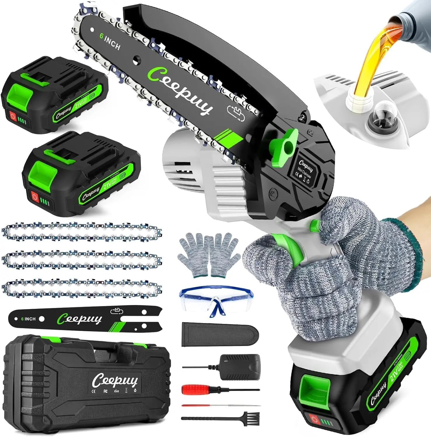 

Cordless 6" Mini Chainsaw with Auto Oiler & Safety Lock, Battery Powered for Trimming & Wood Cutting