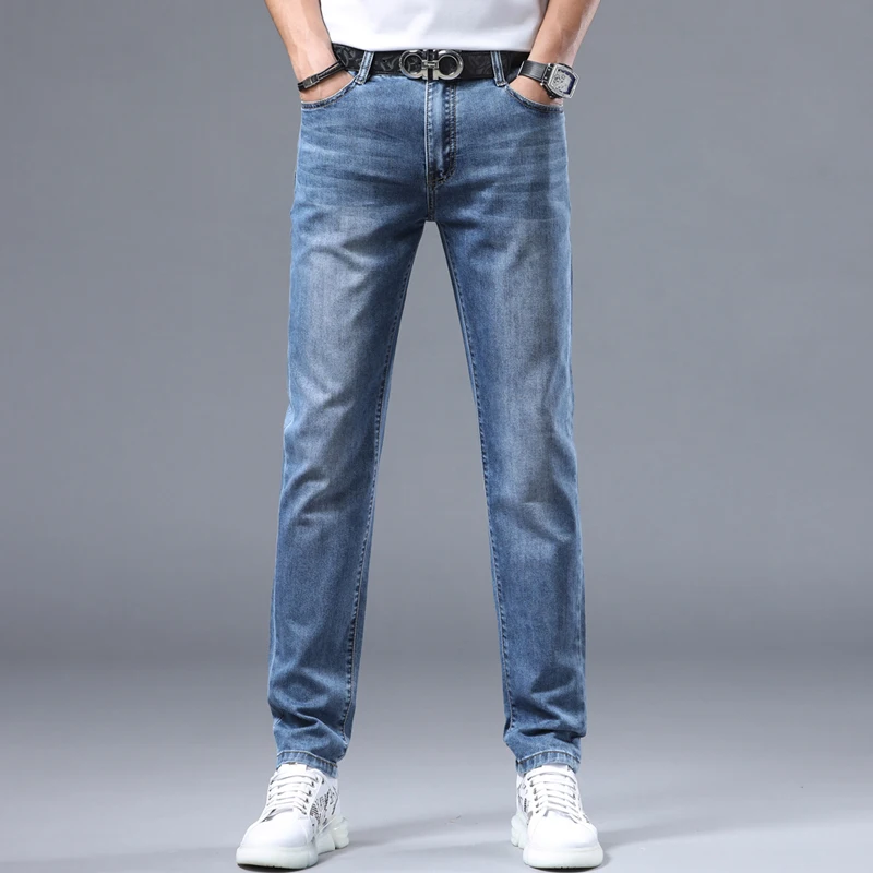 Summer thin section of light luxury high-end embroidery straight men's jeans light blue stretch versatile denim men's long pants