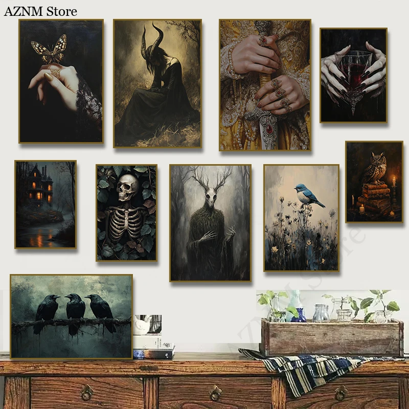 Póster Vintage de polilla, cuervos de mano, calavera, pintura en lienzo, impresión artística, gótico, oscuro, Cottagecore, Moody, victoriano, decoración del hogar para sala de estar