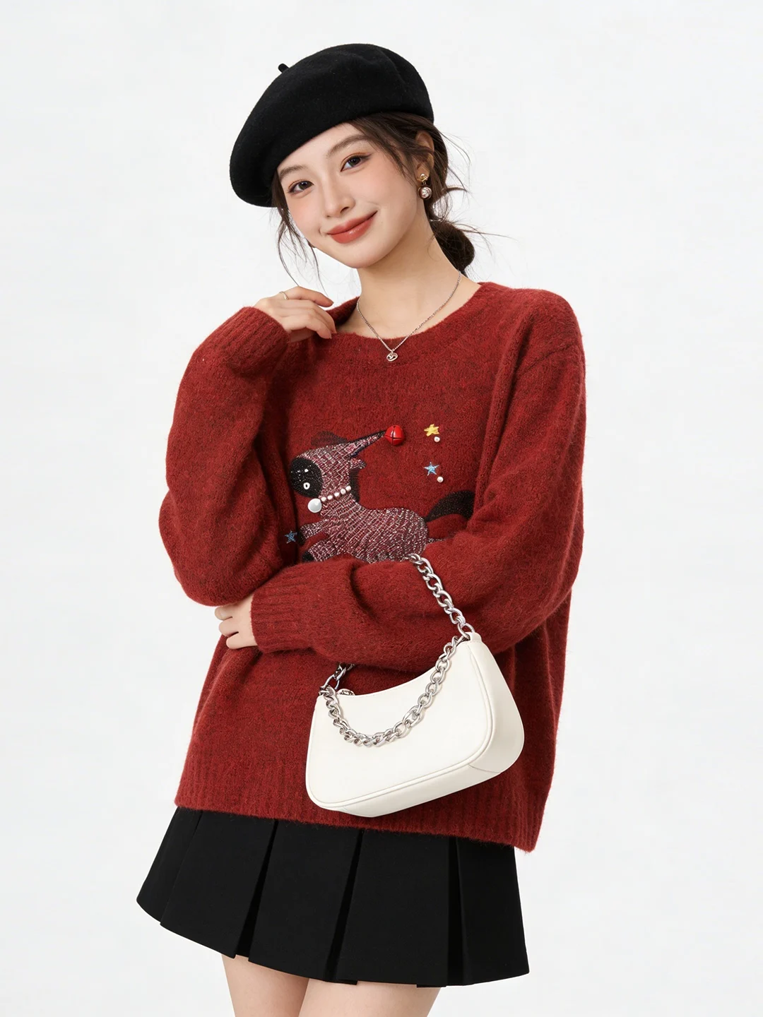 

Ele Cisas Embroidered Soft Cozy New Year Knitted Sweater Korean Sle Long Sve round Ne Casual Faion Women's Top