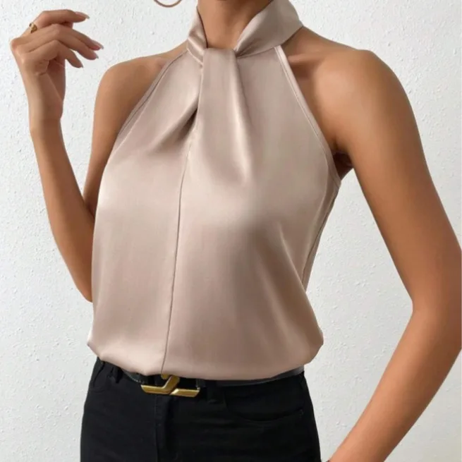 2026 Summer New Women's Shirt European and American Style Women's Satin Halter Sleeveless Vest Satin Simulated Silk Top