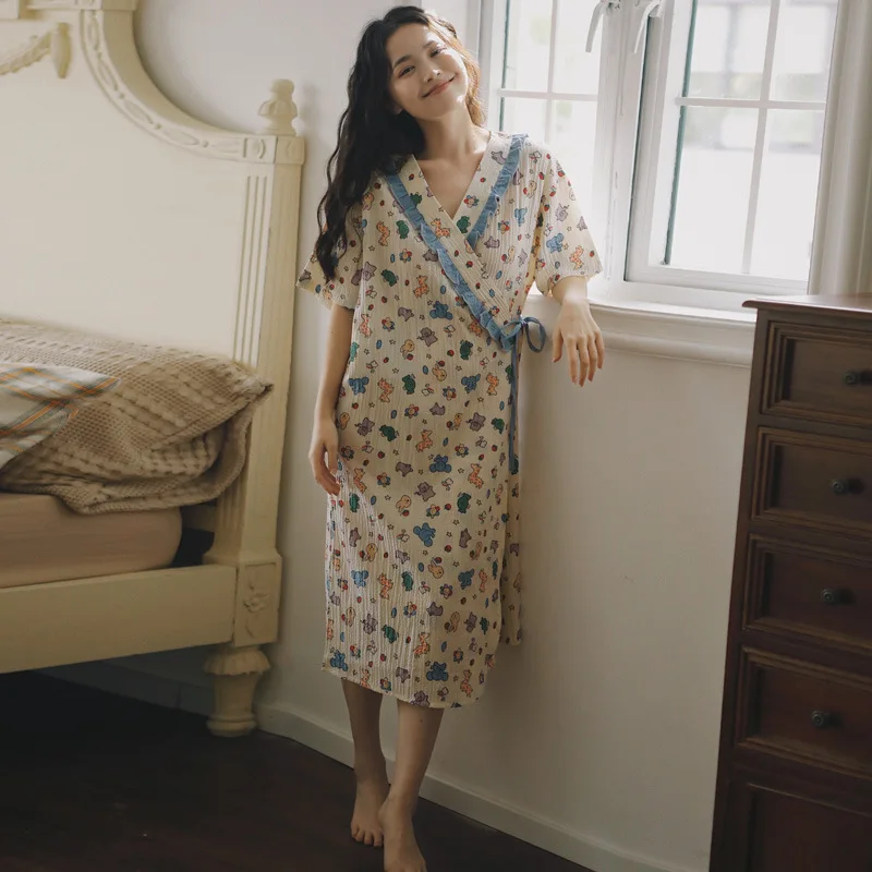 Camisón coreano de verano de manga corta para lactancia de mujeres embarazadas, kimono de lactancia, pijama de maternidad, vestido para chequeo de maternidad