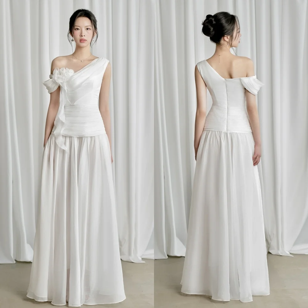 

Customized High Quality Classic Chiffon Handmade Flower Pleat Straight Off-the-shoulder Long Dresses Bespoke Occasion Dresses