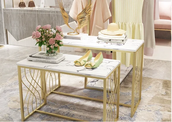 Double Row Golden Water Island Stand for Clothing Store Countertop Display Center Stage Retail Shop Presentation Holder