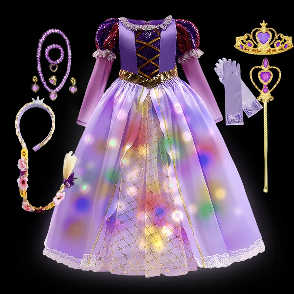 Girls Rapunzal Princess LED Light Up Dress Cosplay Tangled Kids Halloween Carnival Party Vestido Kids Birthday Costume