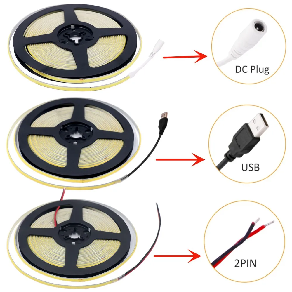 Super cienkie 5mm pasek COB LED 320 leds/m elastyczna taśma o wysokiej gęstości wstążka USB zasilanie bateryjne szafka dekoracyjna samochodu