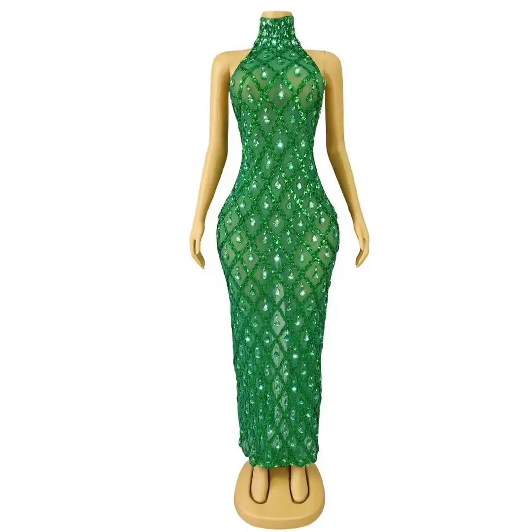 

Birthday Green Dresses for Women Luxury Evening Sleeveless Glitter Sequined Celebrity Gowns Night Party Long Dress Shaokaijia