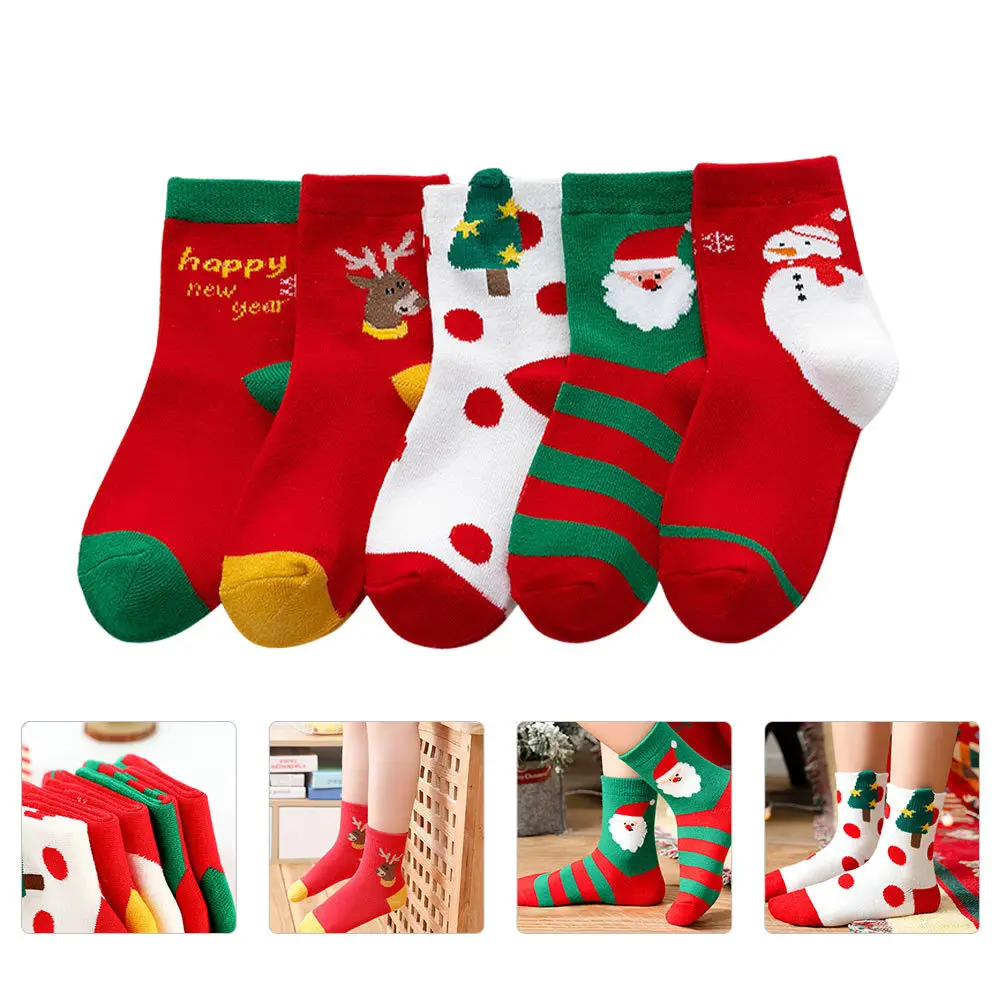 

5Pairs Child Mid-Calf Christmas Socks Warm Soft Cotton Breathable Xmas Stockings Kids Winter Socks Xmas Stockings