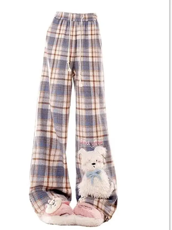 

American Style Casual Embroidered Fleece Lined Straight Leg Pants Women's Autumn Winter New Loose Wide Leg Trousers