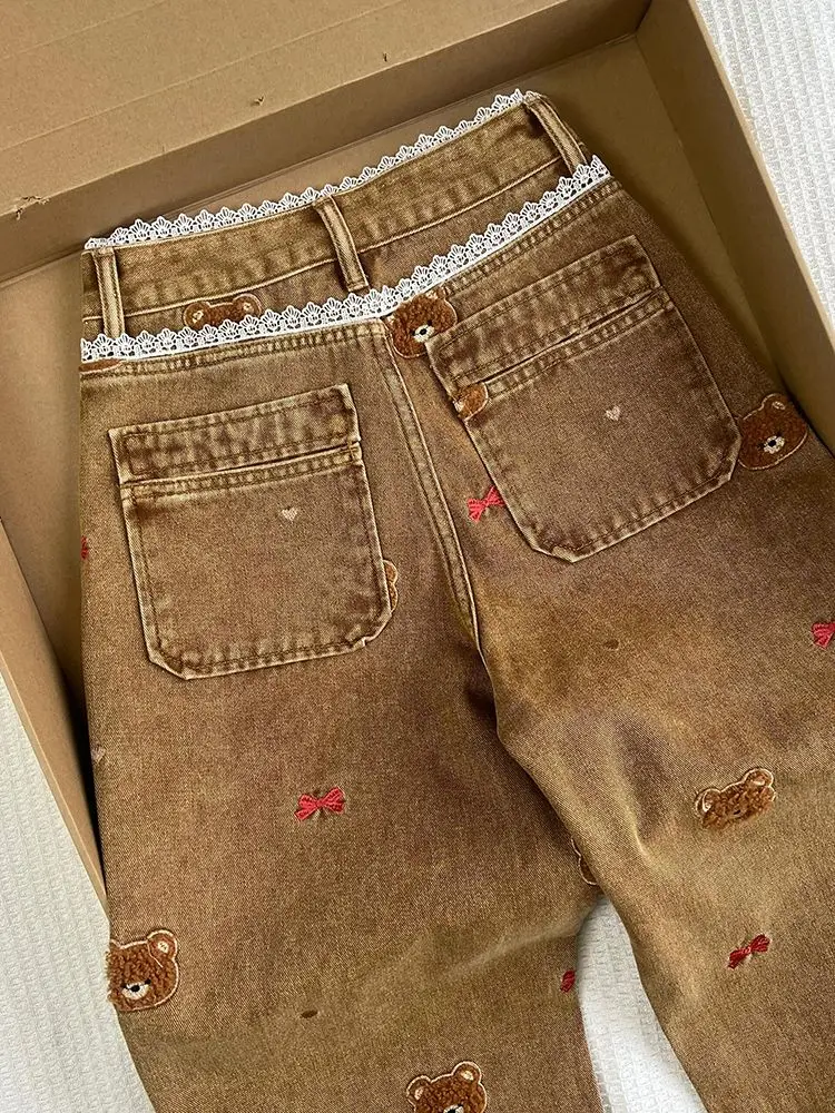 レースパッチワークハイウエストストレートレッグジーンズ春ヴィンテージベアボウ刺繍スウィートガールカジュアルワイドレッグパンツオーバーサイズパンツ