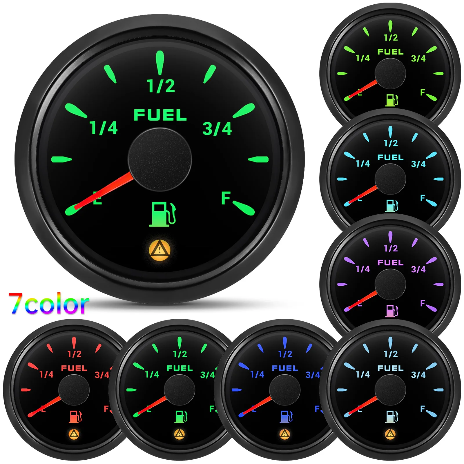Waterproof IP67 52mm Fuel Level Gauge+Fuel Level Sensor 0-90ohm 7 Color LED Oil Tank Meter Indicator Alarm for Car Marine Boat