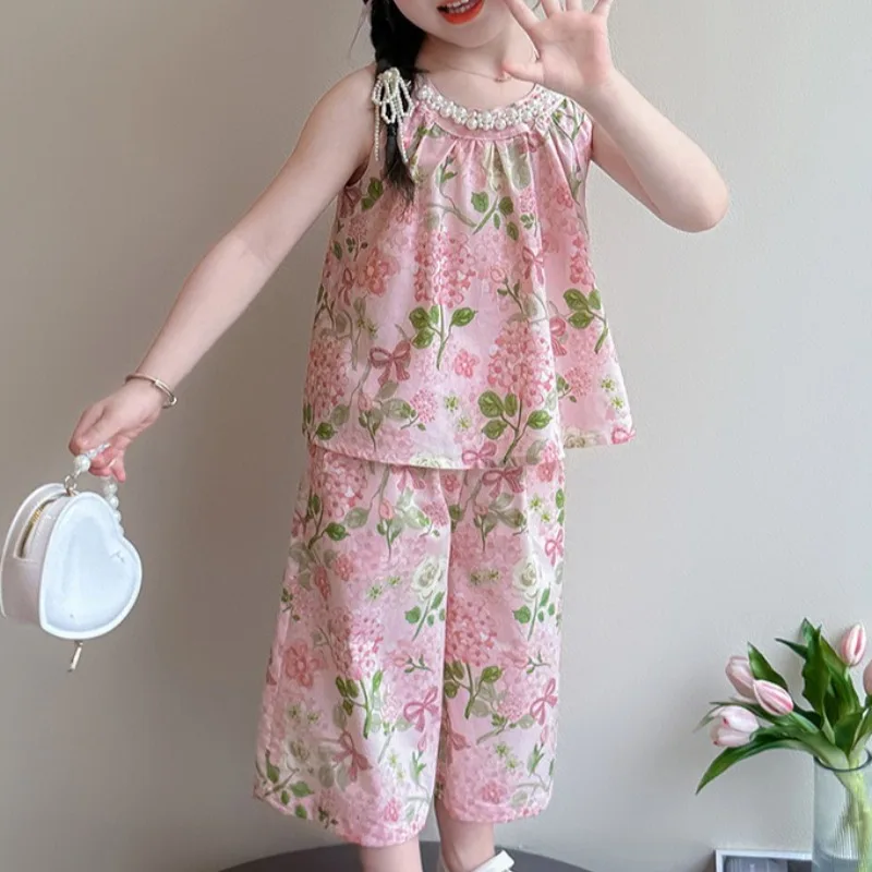 Girls' Pearl Collar Hanging Neck Floral Set 2026 New Children's Korean Fashion Little Girls' Elegant Two Piece Set Trendy