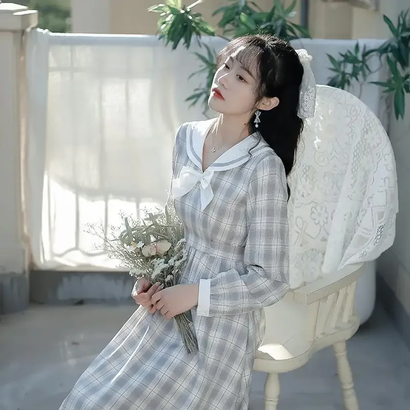 Femme primavera verão moda simplicidade impressão xadrez vestidos casuais roupas femininas moda arco estilo jovem manga longa dres