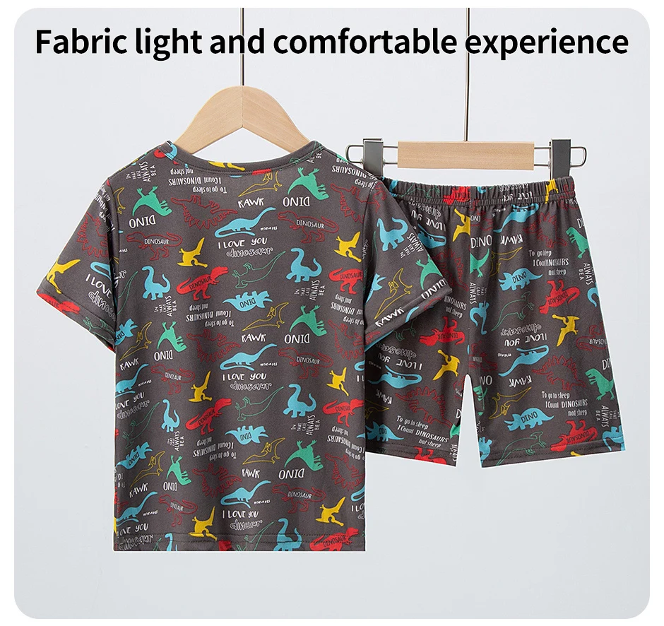 2-teilige Sommer-Kinder-Spaß-bedruckte Shorts mit kurzen Ärmeln, Anzug für Jungen, buntes Dinosaurier-Top, Mädchen, süß und schön, elastische Taille, kurz – Detail 4