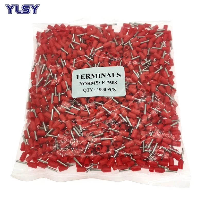 1000Pcs Tube Insutated Cord End Crimp Terminals Electrical Wire Cable Connector E7508 Ferrules Brass VE Type 20AWG 0.75mm²