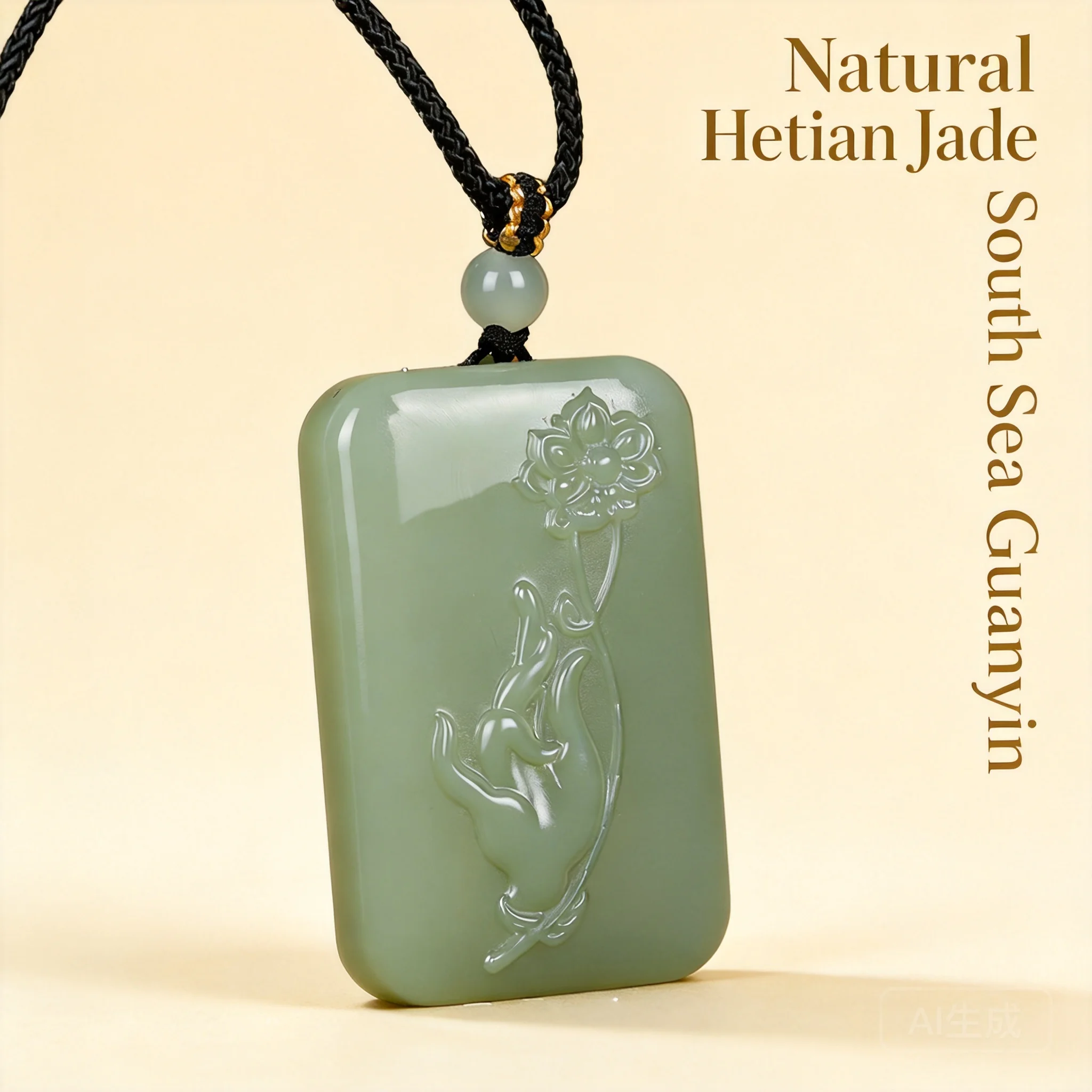 Traditional Chinese Style Natural Hetian Jade Buddha Hand Holding Lotus Pendant Necklace Auspicious Blessing Good Luck Fortune