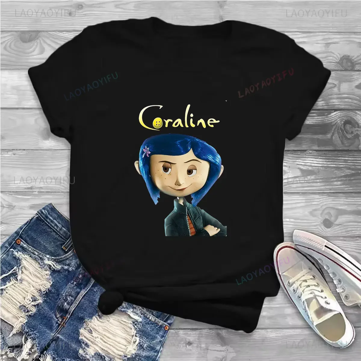 Coraline & The Secret Door Woman Printed T Shirt Tim Burton Neil Gaiman Gothic Fashion Streetwear Casual Loose Cotton Shirt Men