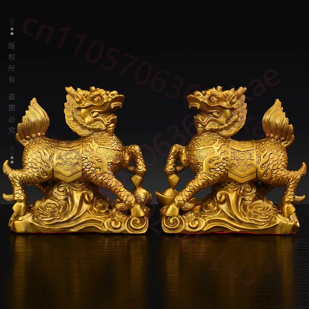 Brass Kylin Statue, Wealth & Fire Kylin with Gold Ingot, Chinese Mythological Beast Ornament, Feng Shui Decor Gift (A Pair)