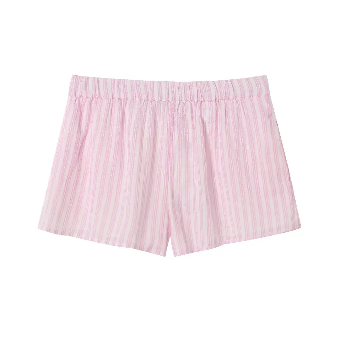 Tangada Women Pink Striped Print Summer Shorts For Summer Strethy Waist Pockets Female Shorts 3H0569