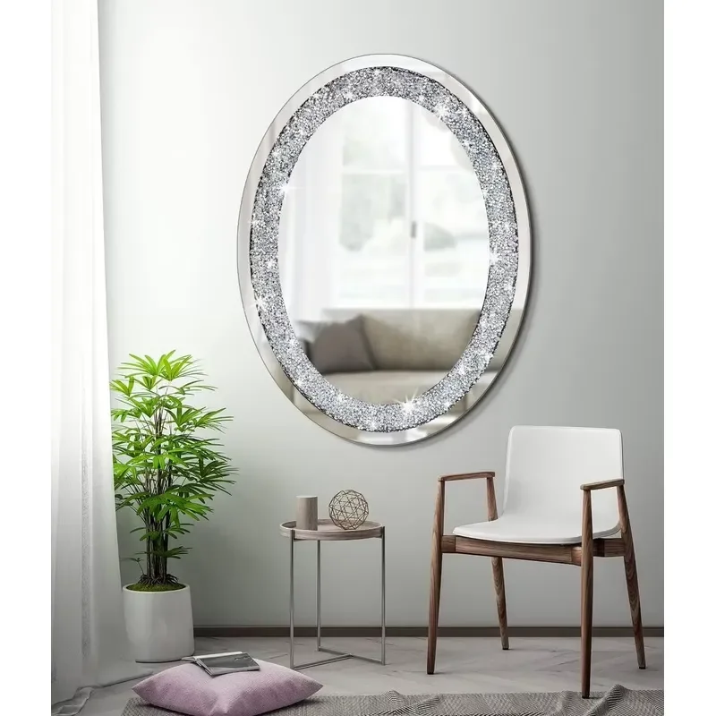 Oval Crystal Diamond Frameless Wall Mirror with LED Light Silver Decorative Glass for Home Room Sparkling Mounted Decoration