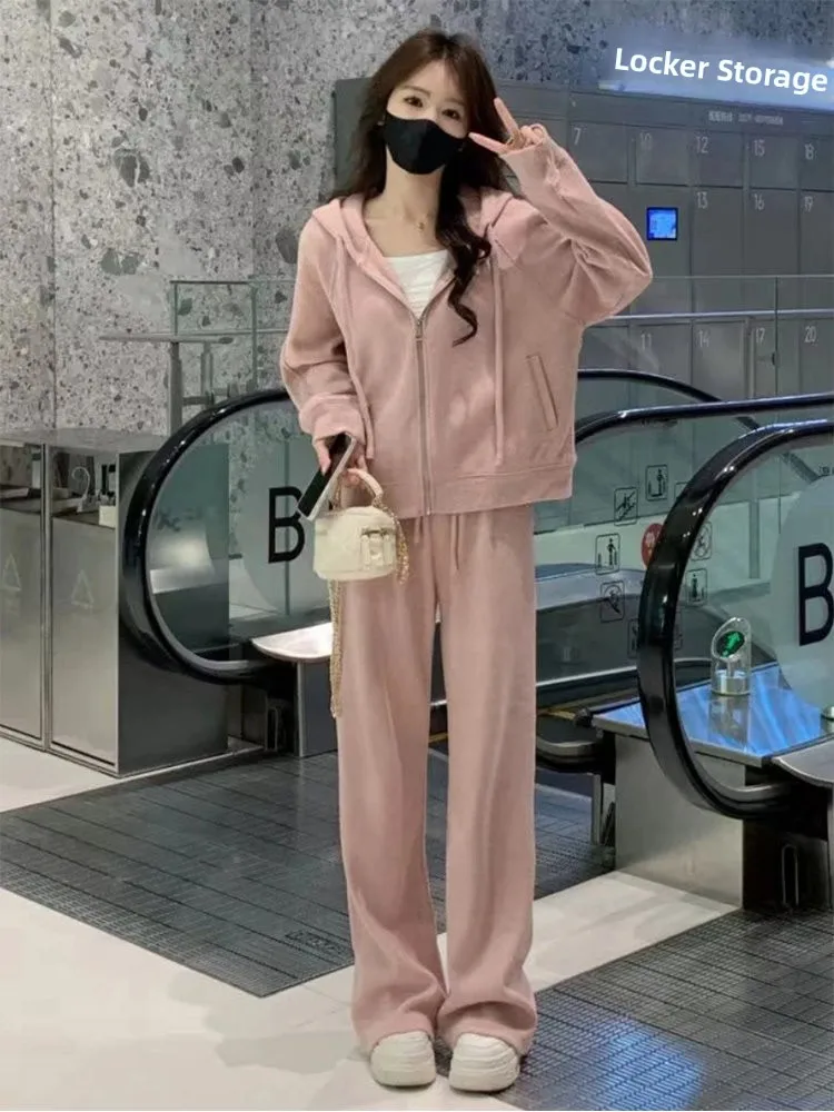 

Faionable Sportswear Hoodie Set Women's Spring Autumn New Wide Leg Pants High Waist Casual Loose Fit Two Piece Set