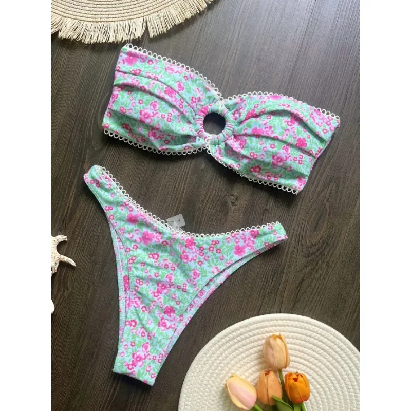 

Floral Flowers Bandeau High Leg Cut Bikini Women Swimwear Female Swimsuit Two-pieces Bikini set Bather Bathing Suit Swim