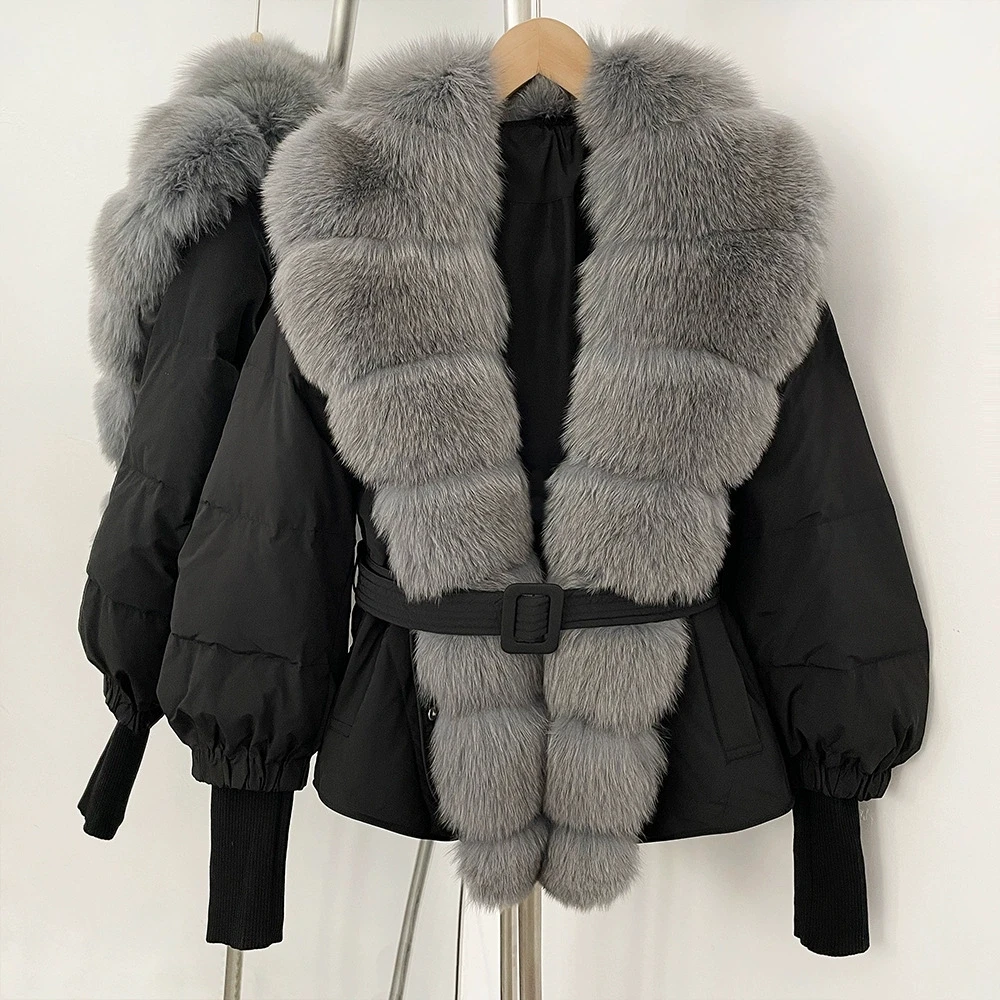 الطبيعية الكبيرة الثعلب الفراء طوق أسفل سترة للنساء 2025 الشتاء الدانتيل متابعة حزام الفراء الحقيقي طوق الإناث الدافئة الأبيض بطة أسفل معطف قصير