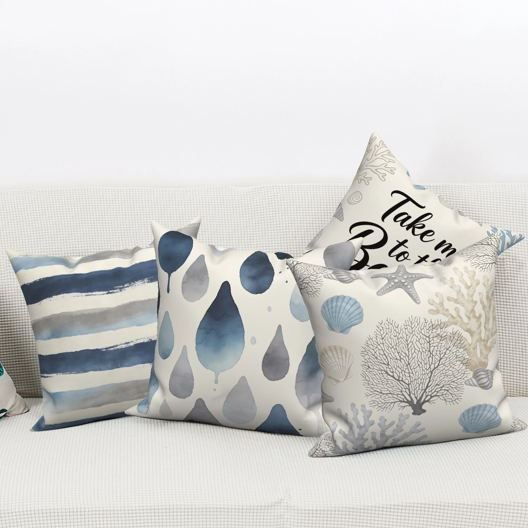 Set of 4 Nautical Beach Pillow Cases Watercolor Blue Stripe Print Pillowcovers Optional Polyester Linen Fabric for Home Decor
