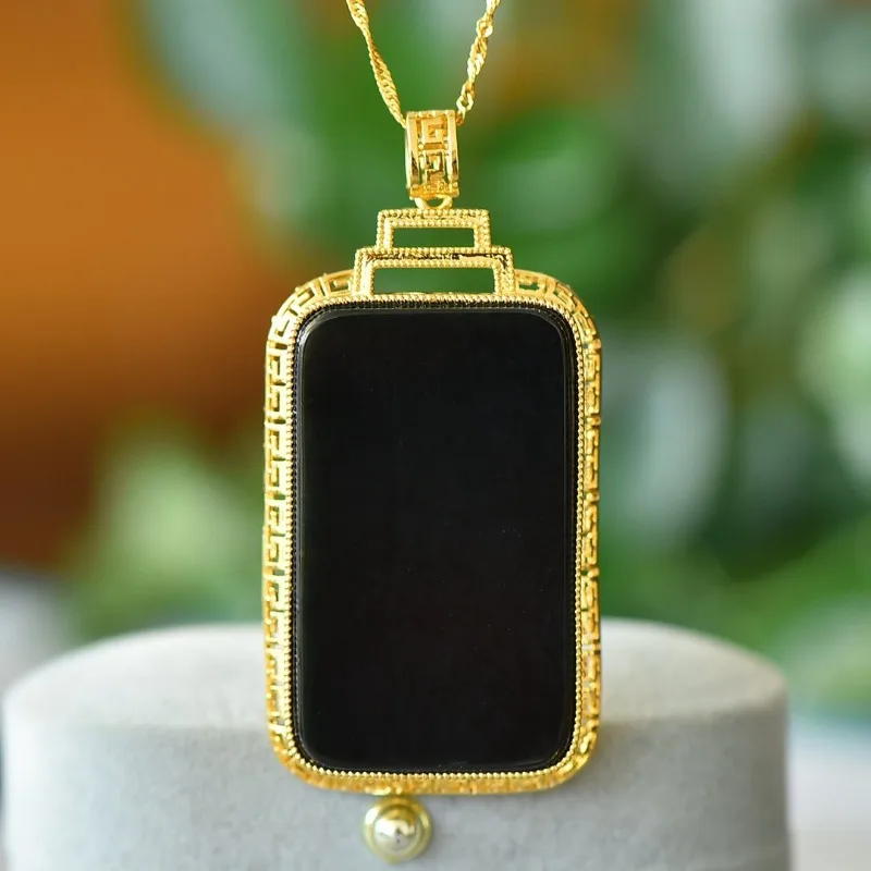 

Exquisite Copper Inlaid Hetian Jade Sapphire Ping An Brand Jade Pendant