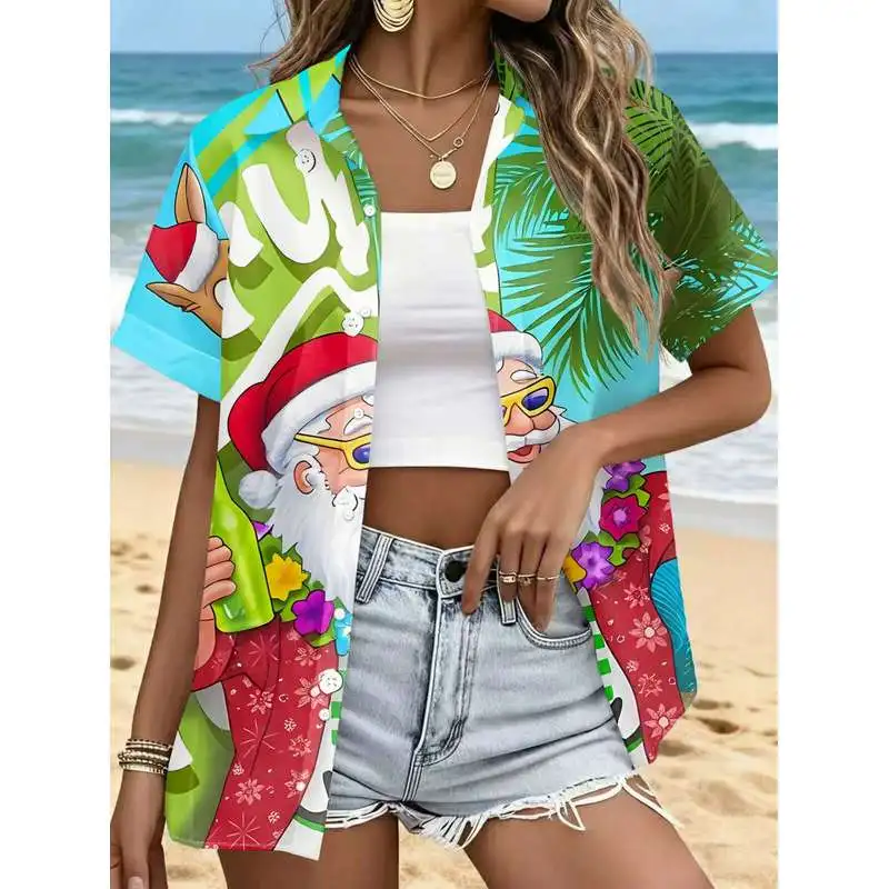 Women's Casual Short-Sleeve Button-Up Shirt Christmas Santa Claus Kangaroo Tropical Seaside Resort Pattern Machine Washable Styl