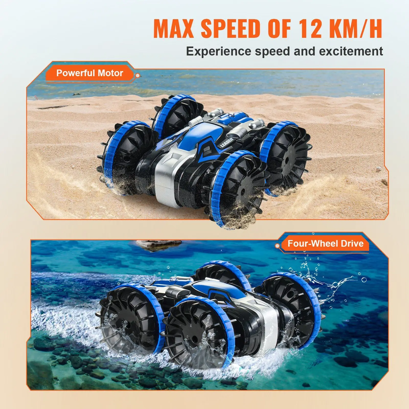 Amphibious Remote Control Car Boat 2.4 GHz 4WD RC Boat Kids Adults Blue