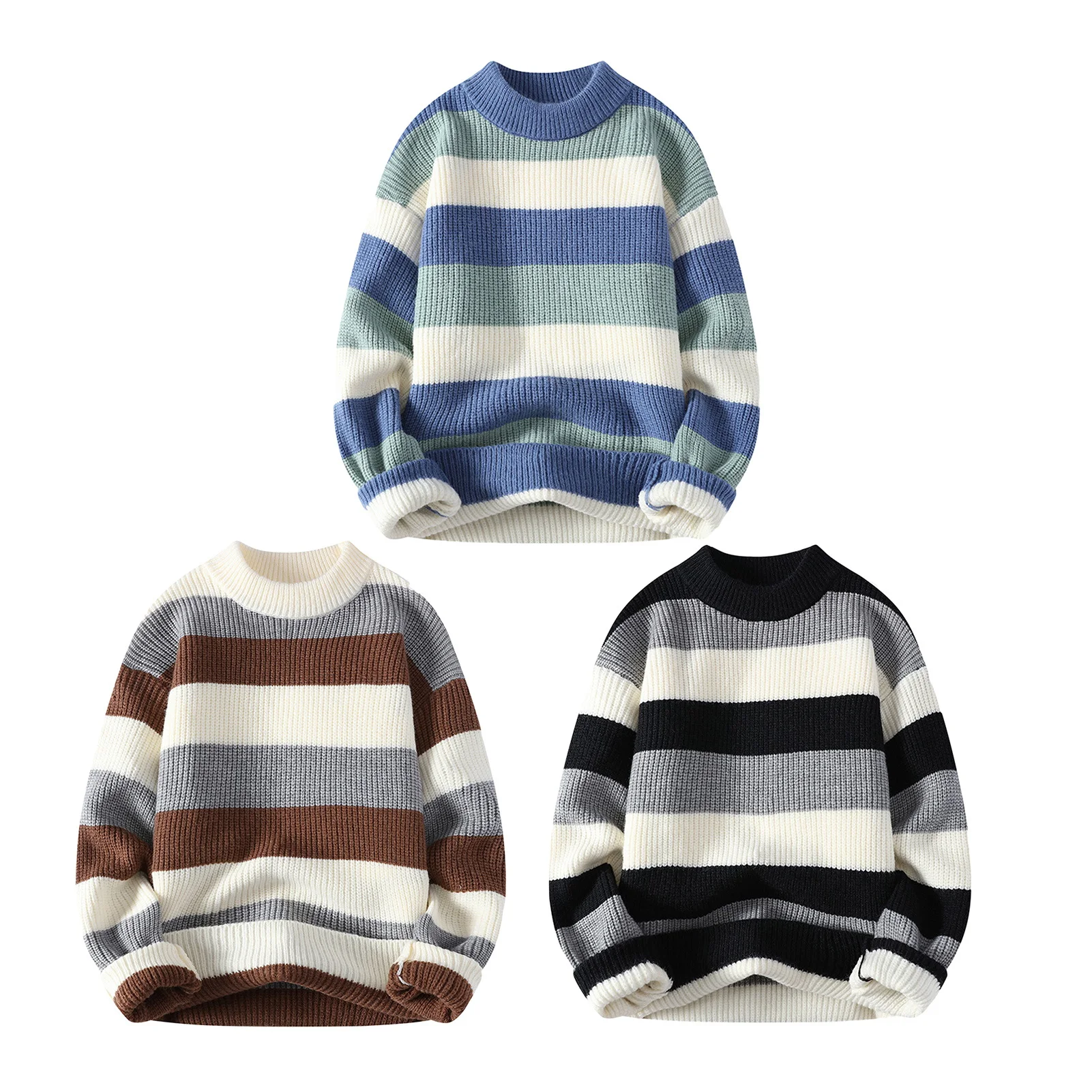 Men Sweater with Half-high Collar for Fall Warm Pullover for Wear Sports Colorblock Knitted Sweater