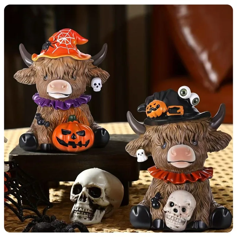 Novo halloween aranha abóbora highland vaca estátua decoração de escritório em casa ornamentos mesa esculturas brinquedos e hobbies