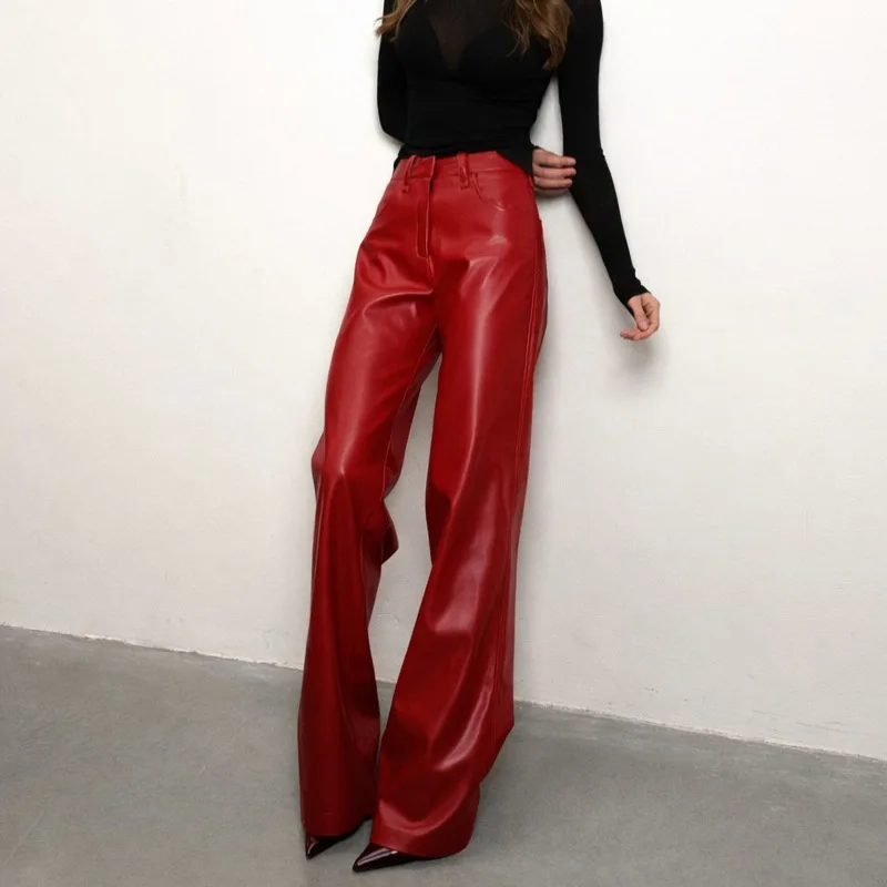 DSMTRC Pantalones anchos de piel sintética suave estilo vintage para mujer, pantalones rojos de cintura alta, pantalones de moda para mujer, ropa de calle