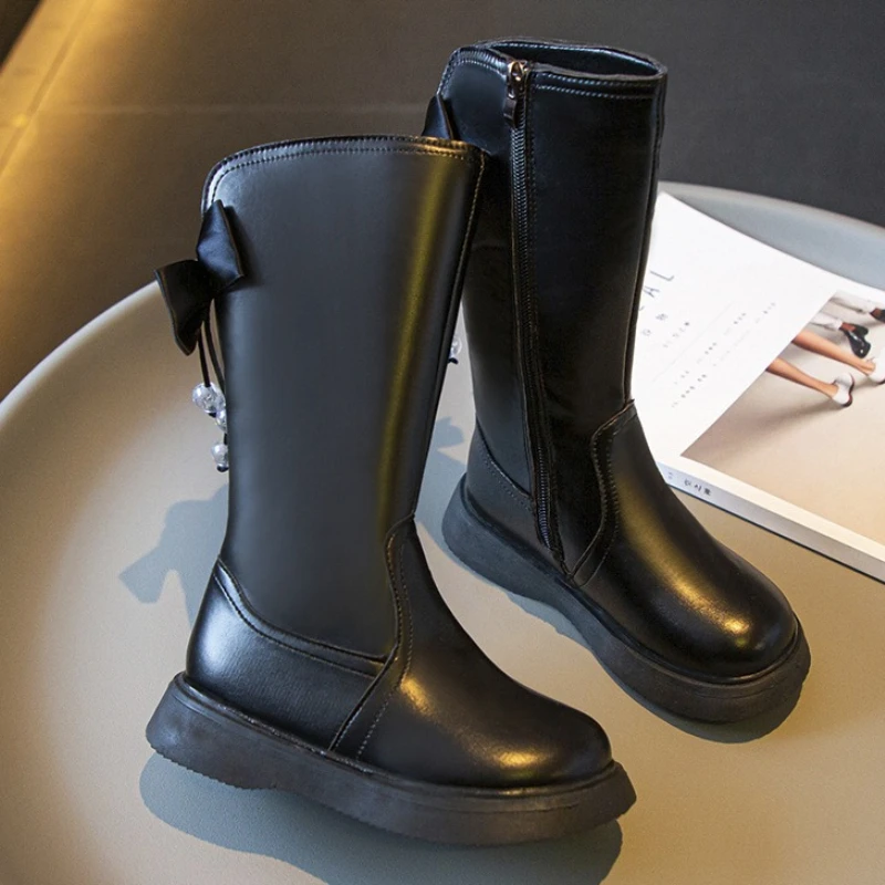 

Зимние зимние ботинки для девочек, новинка 2025 года, детские бархатные ботинки на плоской подошве в британском стиле, модные детские высокие сапоги принцессы, осенне-зимние сапоги